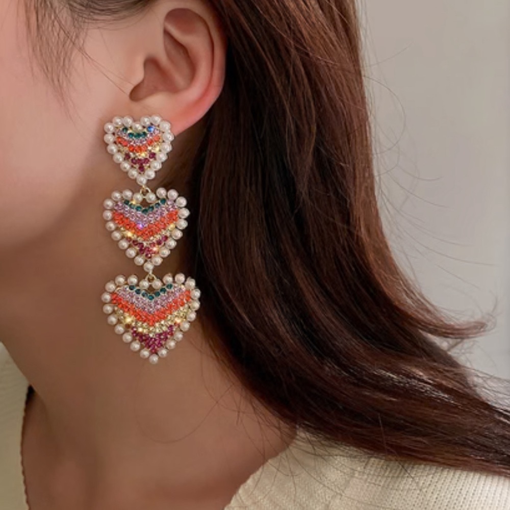 Heart Colorful Rhinestone Pearl Drop Earrings